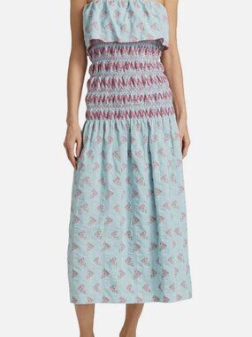 Markarian Women's Blue Ashton Floral Smocked Cotton Strapless Dress Size M